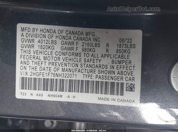 2HGFE1F76NH322071 2022 HONDA CIVIC Gray Widok komory silnika
