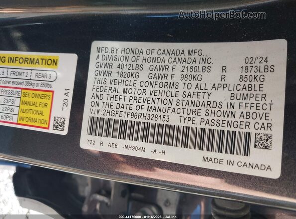 2HGFE1F96RH328153 2024 HONDA CIVIC Gray 