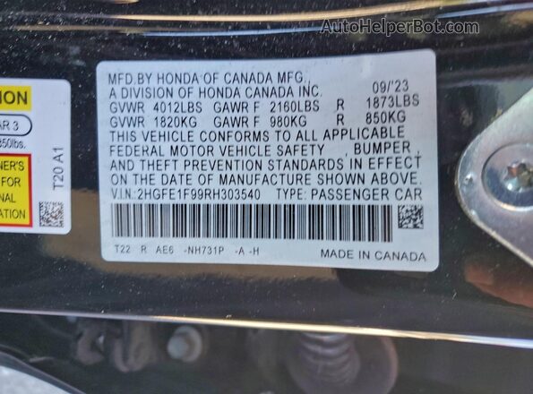 2HGFE1F99RH303540 2024 HONDA CIVIC Black Вид наклейки з VIN-кодом