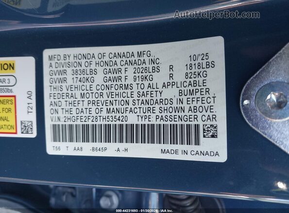 2HGFE2F28TH535420 2026 HONDA CIVIC Blue Շարժիչի բաժամունքի տեսք