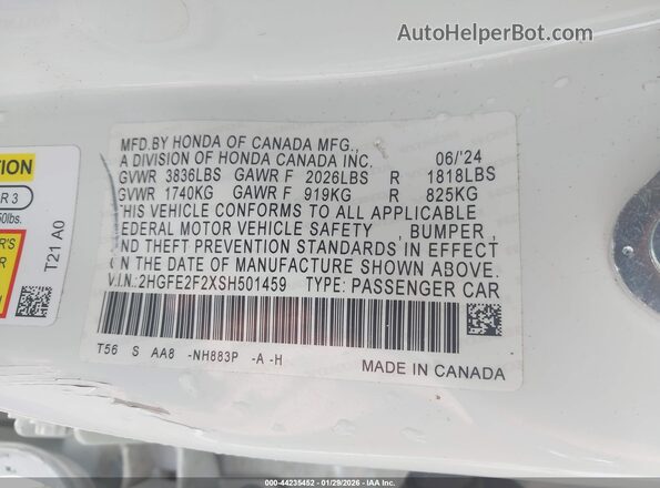 2HGFE2F2XSH501459 2025 HONDA CIVIC White 