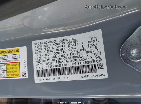 2HGFE2F53RH568604 2024 HONDA CIVIC Blue Engine compartment view