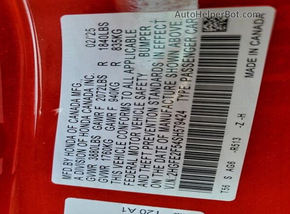 2HGFE2F54SH579424 2025 HONDA CIVIC Красный 