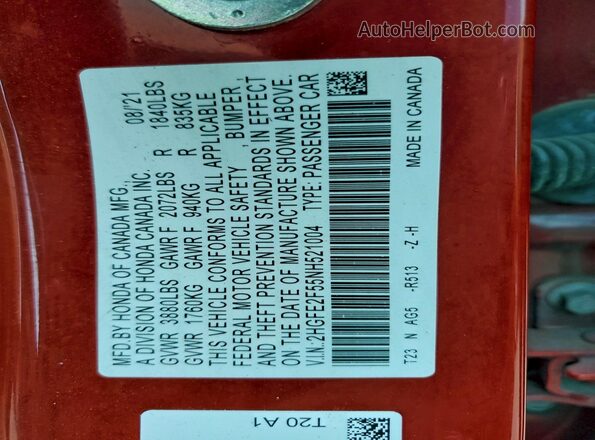 2HGFE2F55NH521004 2022 HONDA CIVIC Красный Вид наклейки с VIN-кодом