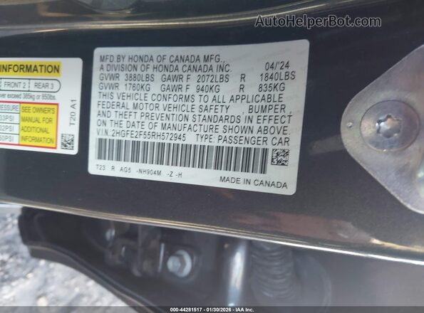 2HGFE2F55RH572945 2024 HONDA CIVIC Gray Вид підкапотного простору