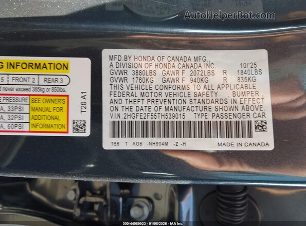 2HGFE2F55TH539015 2026 HONDA CIVIC Gray 