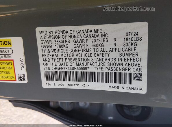 2HGFE2F56SH509097 2025 HONDA CIVIC Gray ძრავის განყოფილების ხედი