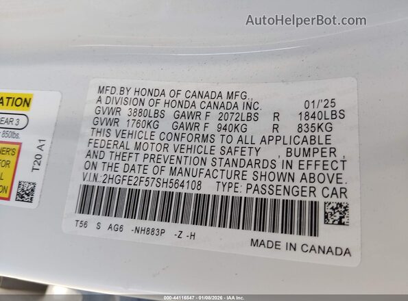 2HGFE2F57SH564108 2025 HONDA CIVIC White Widok komory silnika