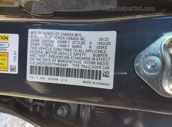 2HGFE2F57TH505447 2026 HONDA CIVIC Charcoal Vista de la etiqueta del VIN