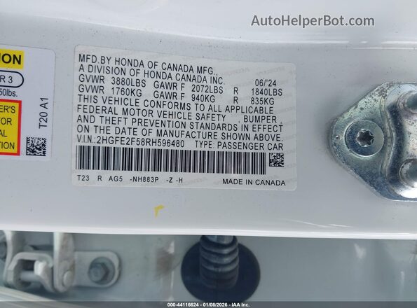 2HGFE2F58RH596480 2024 HONDA CIVIC White Շարժիչի բաժամունքի տեսք
