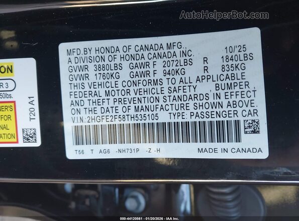 2HGFE2F58TH535105 2026 HONDA CIVIC Black Engine compartment view