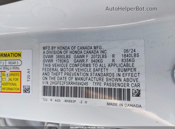 2HGFE2F5XRH594245 2024 HONDA CIVIC White Вид підкапотного простору