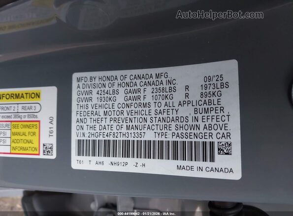 2HGFE4F82TH313357 2026 HONDA CIVIC Gray Vista del compartimento del motor