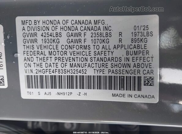 2HGFE4F83SH325452 2025 HONDA CIVIC Gray ძრავის განყოფილების ხედი