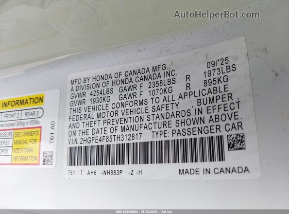 2HGFE4F85TH312817 2026 HONDA CIVIC Белый Вид подкапотного пространства