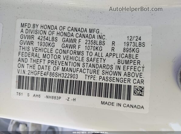 2HGFE4F86SH322903 2025 HONDA CIVIC Белый Вид подкапотного пространства