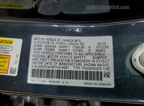 2HGFE4F86TH314897 2026 HONDA CIVIC Gray 