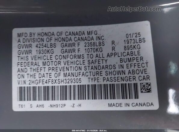2HGFE4F8XSH329305 2025 HONDA CIVIC HYBRID Gray 