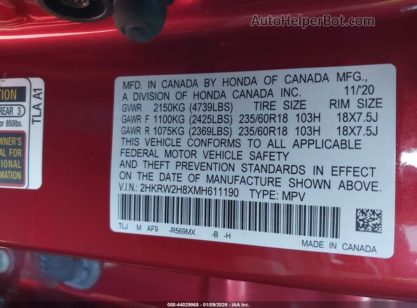2HKRW2H8XMH611190 2021 HONDA CR-V Red 
