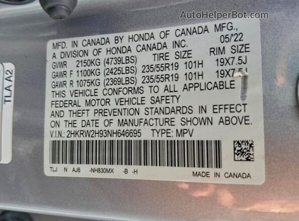 2HKRW2H93NH646695 2022 HONDA CR-V Silver 