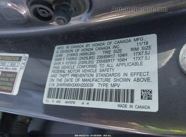 2HKRW6H3XKH200039 2019 HONDA CR-V Gray 