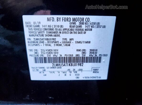 2LMHJ5AT1KBL01982 2019 LINCOLN MKT Black Вид наклейки з VIN-кодом