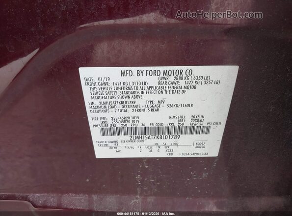 2LMHJ5AT7KBL01789 2019 LINCOLN MKT Maroon Vista del compartimento del motor