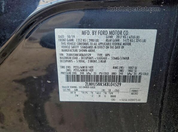 2LMHJ5NK5KBL04529 2019 LINCOLN MKT Black Вид наклейки з VIN-кодом