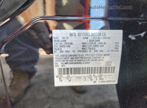 2LMPJ6K90NBL23061 2022 LINCOLN NAUTILUS Black VIN կոդի պիտակի տեսք