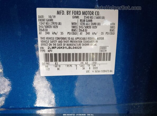 2LMPJ6K91LBL04029 2020 LINCOLN NAUTILUS Blue 