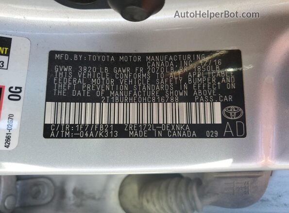 2T1BURHE0HC816788 2017 TOYOTA LL Silver VIN կոդի պիտակի տեսք