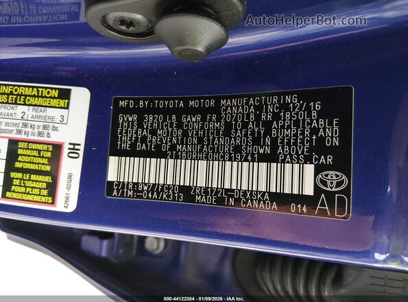 2T1BURHE0HC819741 2017 TOYOTA LL Blue Widok komory silnika