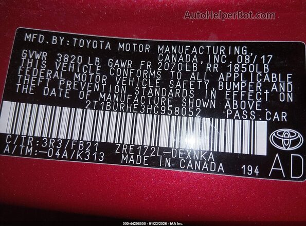 2T1BURHE3HC958052 2017 TOYOTA LL Red ძრავის განყოფილების ხედი