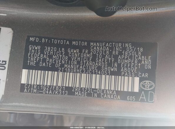 2T1BURHE3JC114051 2018 TOYOTA LL Gray Vista del compartimento del motor