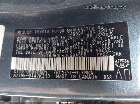 2T1BURHE4JC984956 2018 TOYOTA LL Gray Engine compartment view