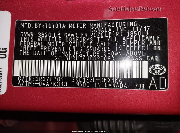 2T1BURHE6JC020083 2018 TOYOTA LL Red Vista del compartimento del motor