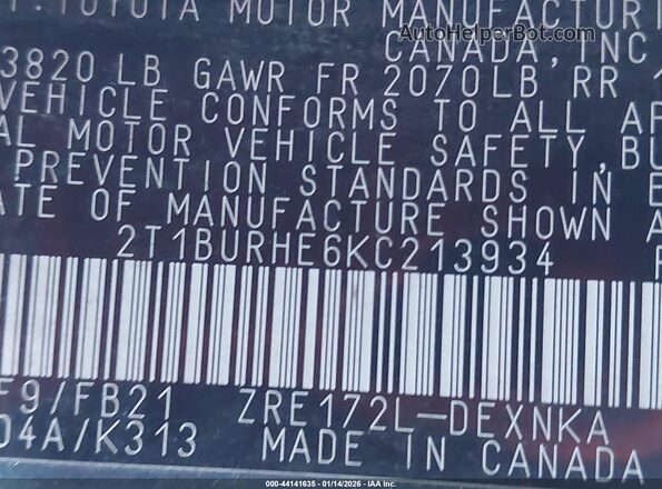 2T1BURHE6KC213934 2019 TOYOTA LL Gray Widok komory silnika