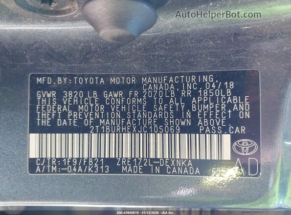 2T1BURHEXJC105069 2018 TOYOTA LL Gray Вид підкапотного простору