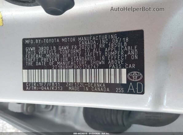 2T1BURHEXKC126747 2019 TOYOTA LL Серебряный Вид подкапотного пространства