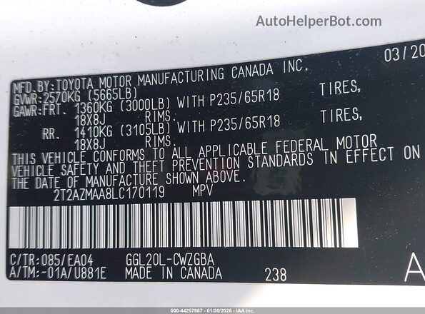 2T2AZMAA8LC170119 2020 LEXUS RX 350 White Вид підкапотного простору