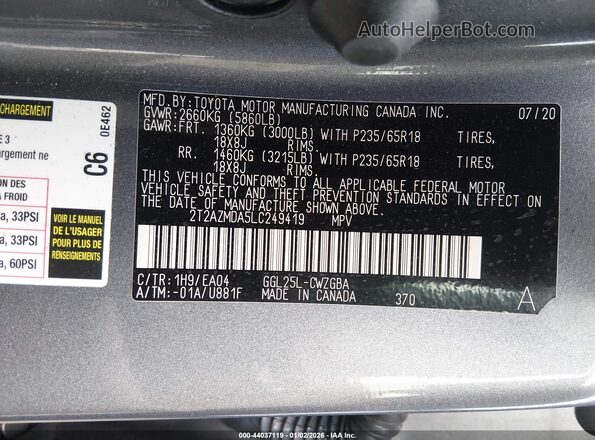 2T2AZMDA5LC249419 2020 LEXUS RX 350 Серый Вид подкапотного пространства