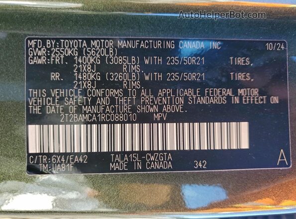 2T2BAMCA1RC088010 2024 LEXUS RX Green Вид наклейки з VIN-кодом