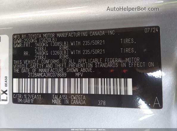 2T2BAMCA3RC078689 2024 LEXUS RX 350 Silver ძრავის განყოფილების ხედი