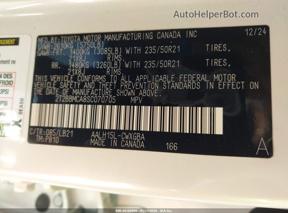 2T2BBMCA8SC070705 2025 LEXUS RX 350H White Вид підкапотного простору