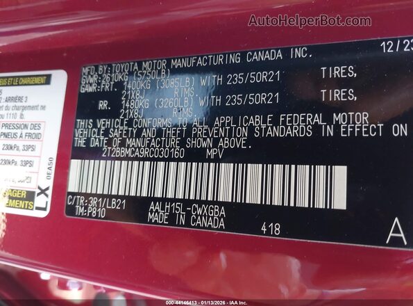 2T2BBMCA9RC030160 2024 LEXUS RX 350H Red Engine compartment view