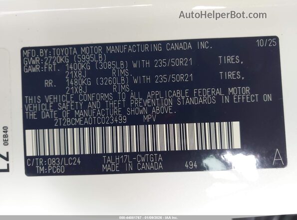 2T2BCMEA0TC023499 2026 LEXUS RX 500H Белый Вид подкапотного пространства
