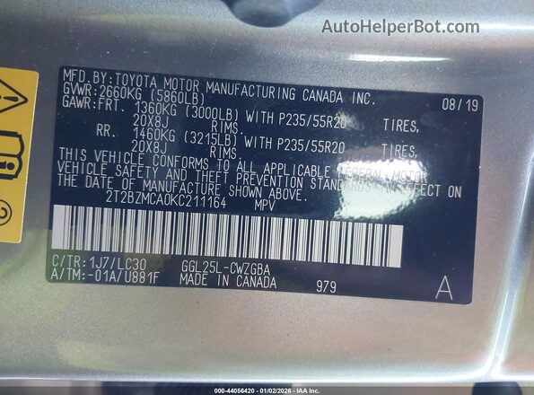 2T2BZMCA0KC211164 2019 LEXUS RX 350 Silver Engine compartment view