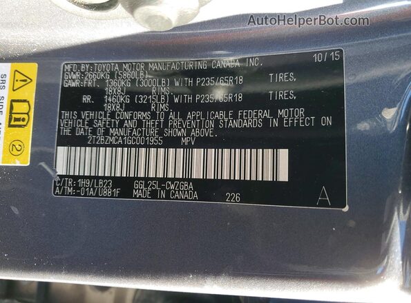 2T2BZMCA1GC001955 2016 LEXUS RX Gray Вид наклейки з VIN-кодом