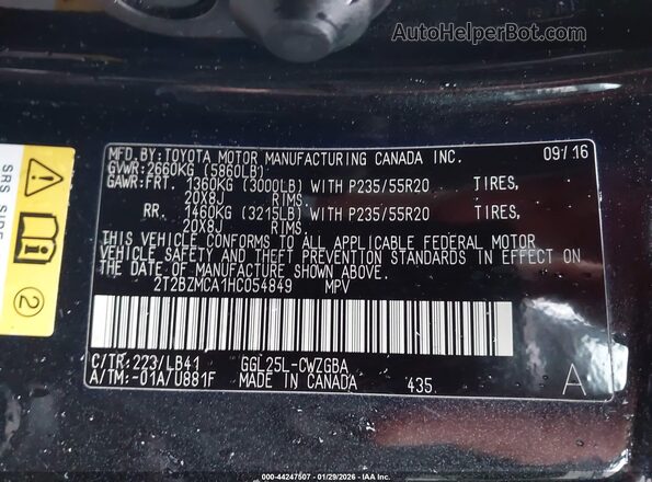 2T2BZMCA1HC054849 2017 LEXUS RX 350 Black Вид підкапотного простору