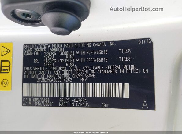2T2BZMCA2GC014262 2016 LEXUS RX 350 White Շարժիչի բաժամունքի տեսք